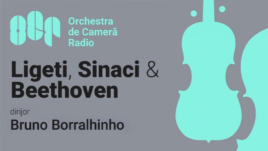 Dirijorul portughez Bruno Borralhinho, violonista Simina Croitoru și violoncelistul Radu Sinaci, pe scena Sălii Radio